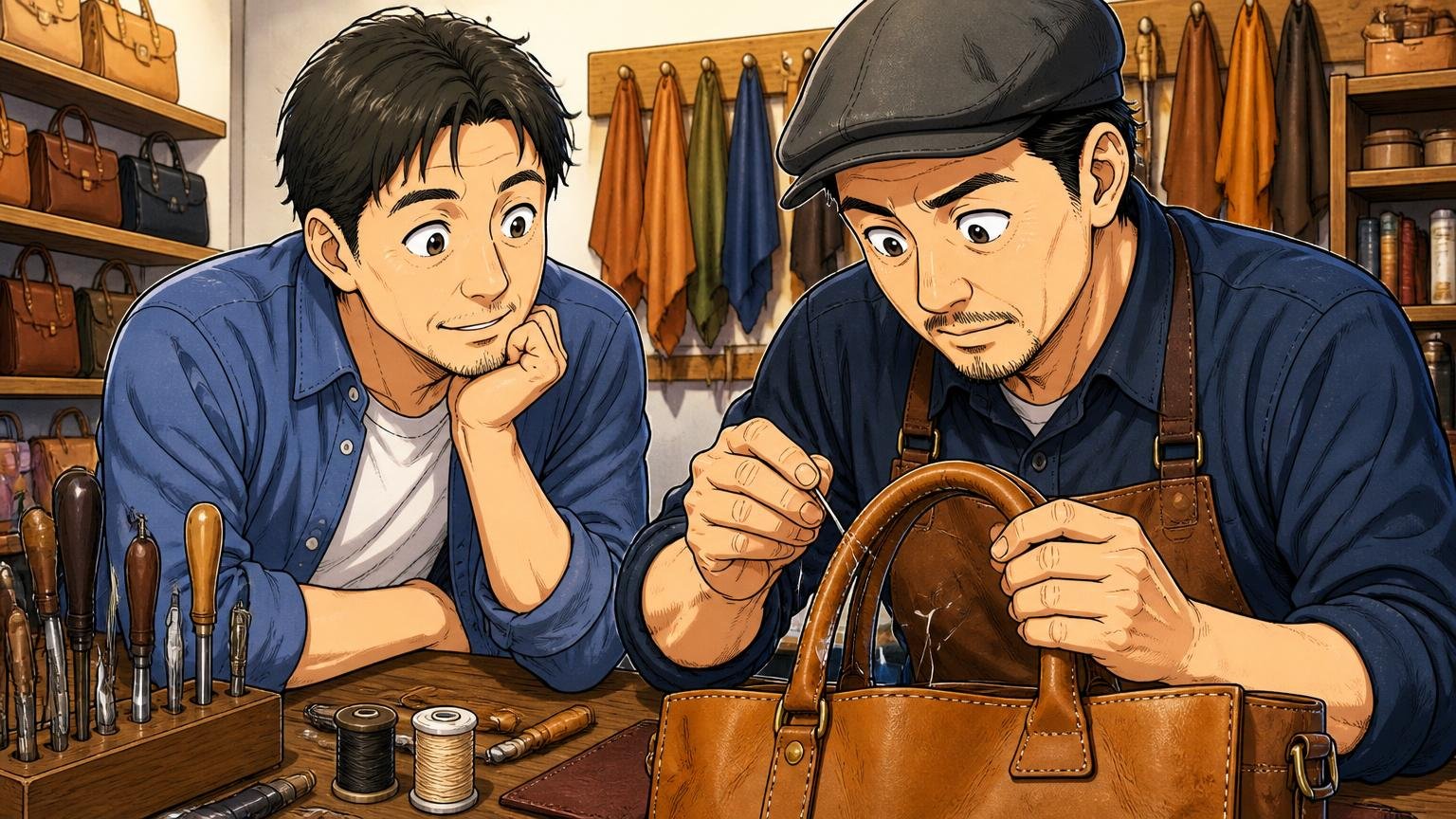 修理と保証の窓口があるかどうかで、10年後の姿が変わる 革の工房で職人が持ち手を縫い直す様子を見守る40代男性と職人の2人