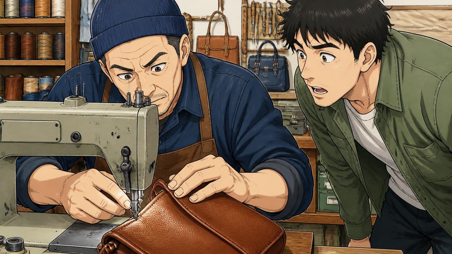 生産国と縫製|「誰が、どこで仕立てたか」を見る 革バッグの工房で職人がミシンで角を縫い上げる手元を、客の男性が覗き込む場面