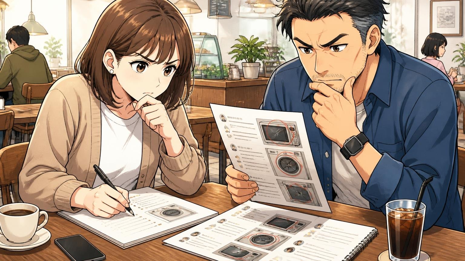 使用期間と壊れた部位を読む カフェのテーブルで口コミをメモに書き出す場面 30代女性と40代男性の2人が真剣に相談
