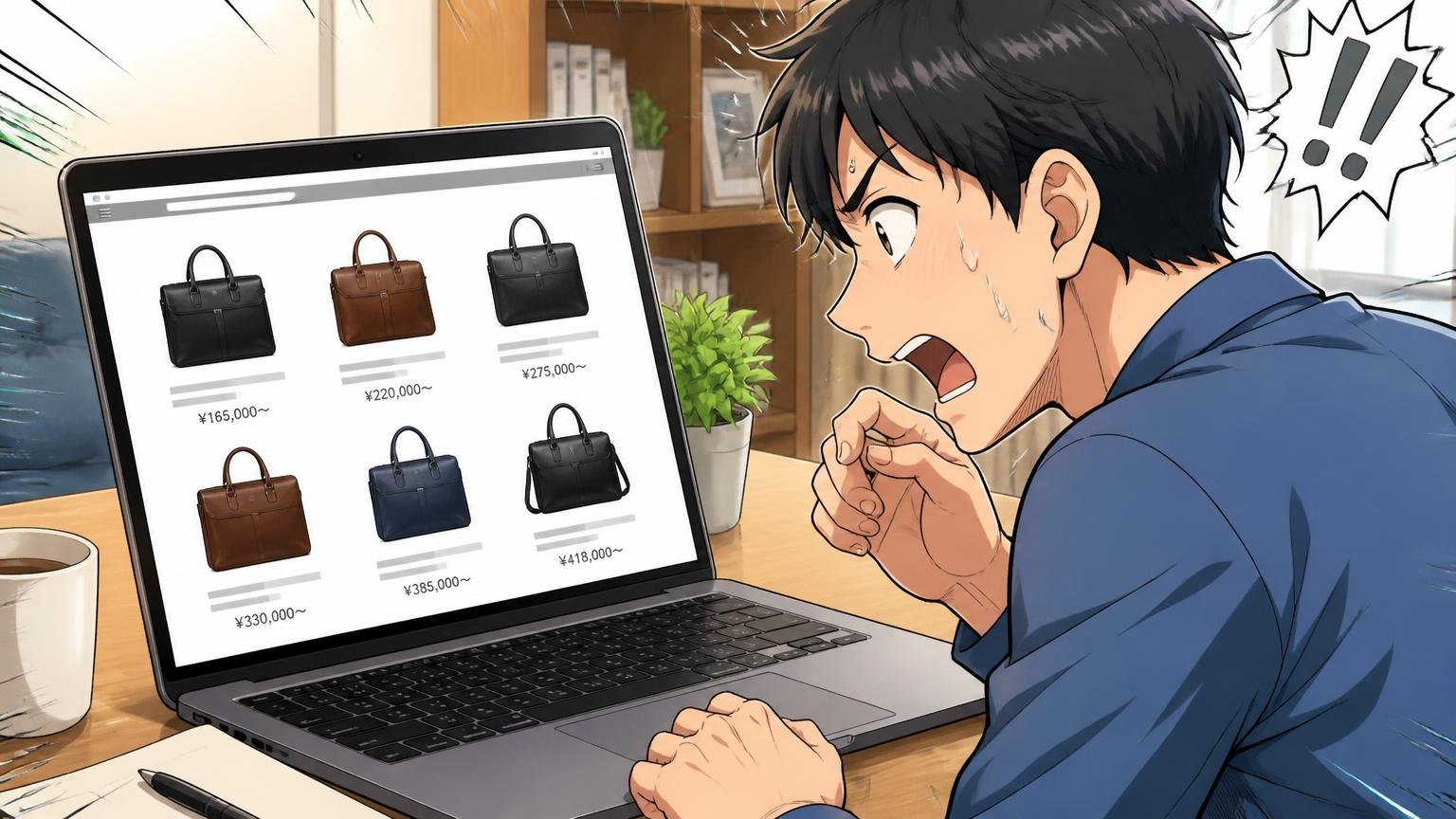 ビジネスバッグの公式掲載価格は約16万〜42万円 自宅のパソコンで公式通販サイトの革バッグの価格を見比べる男性
