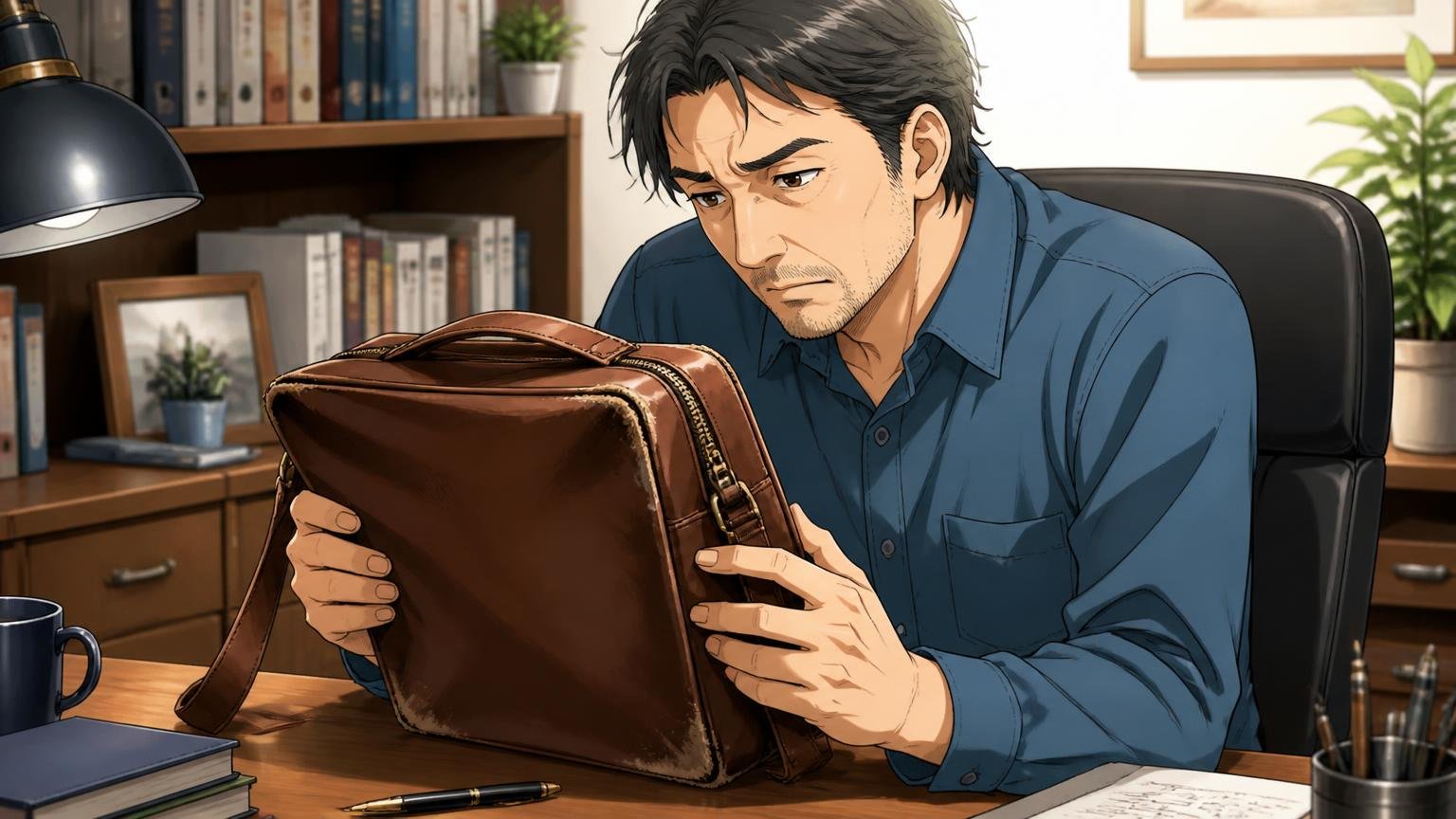 向いていない人は「本革の質感」と「長く使う安心」を優先する40代 自宅の書斎で角の擦り切れた古いバッグを手に取りしばらく見つめる40代男性1人の場面