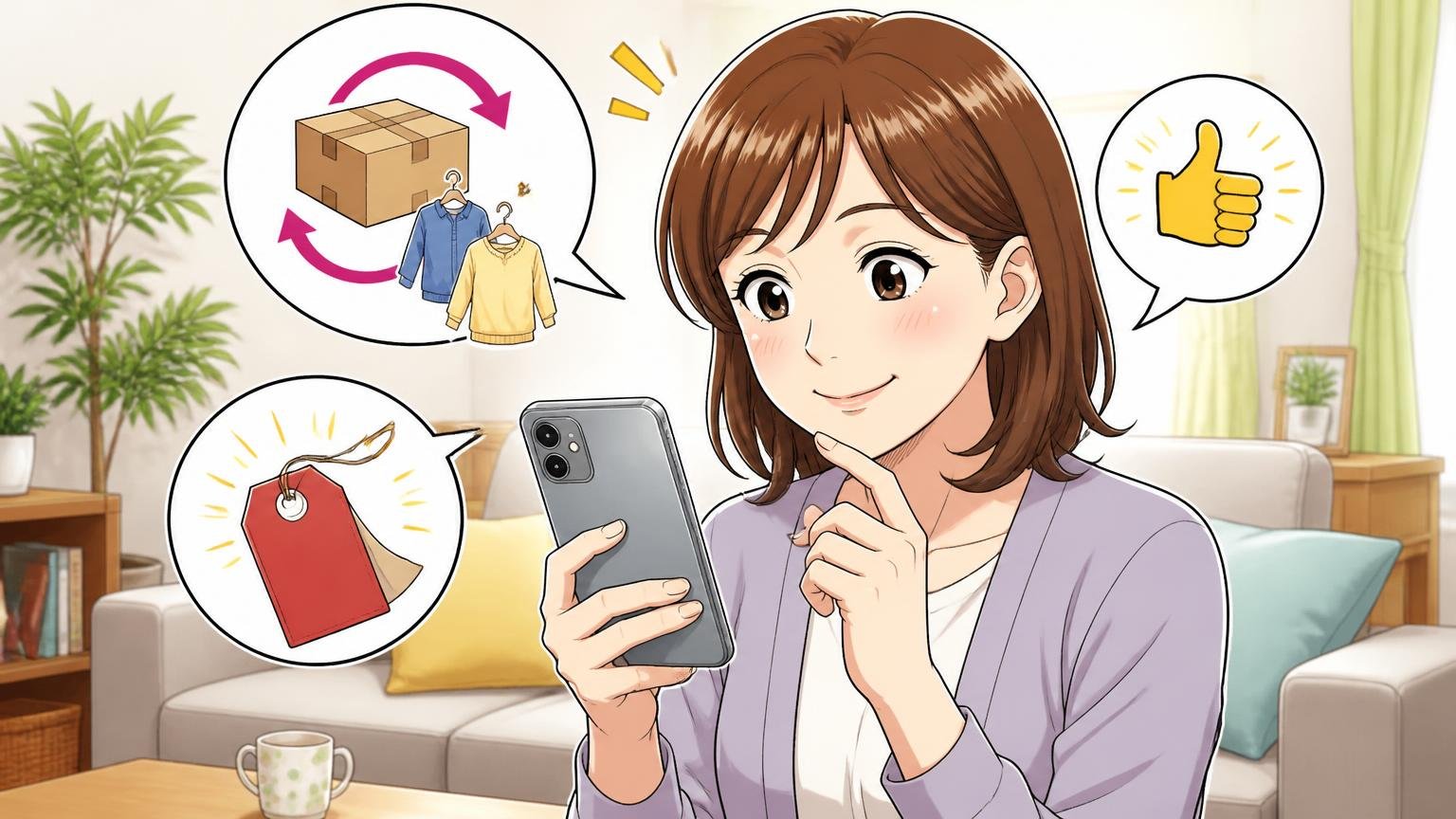 返品・交換の条件と「アウトレット」表記を確かめる 自宅のリビングでスマホのショップ情報を読み込む40代女性1人が納得してうなずく場面