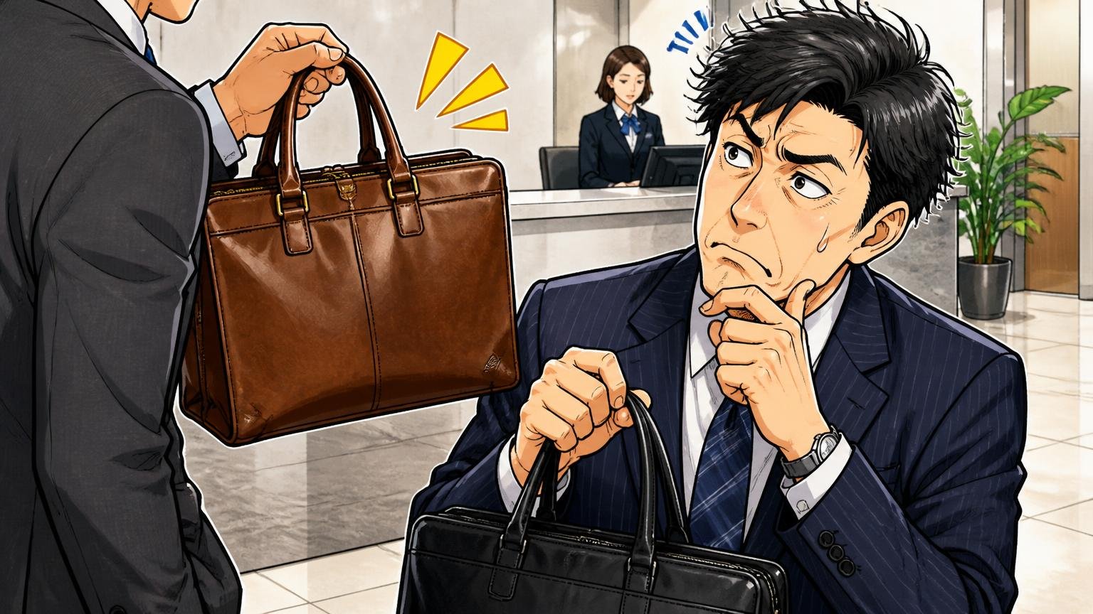 向いていない人：スーツで商談に臨む40代の「顔になる1本」がほしい人。商談前のビル受付で革のバッグを持つ相手と自分のバッグを見比べる40代男性1人の場面