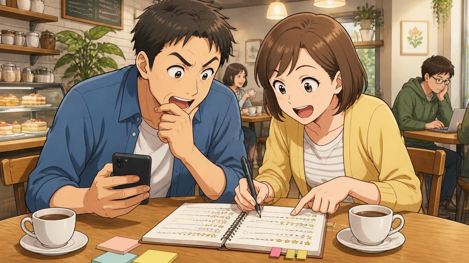 口コミを使用年数で読む、カフェのテーブルでノートにレビューを書き出して整理する夫婦