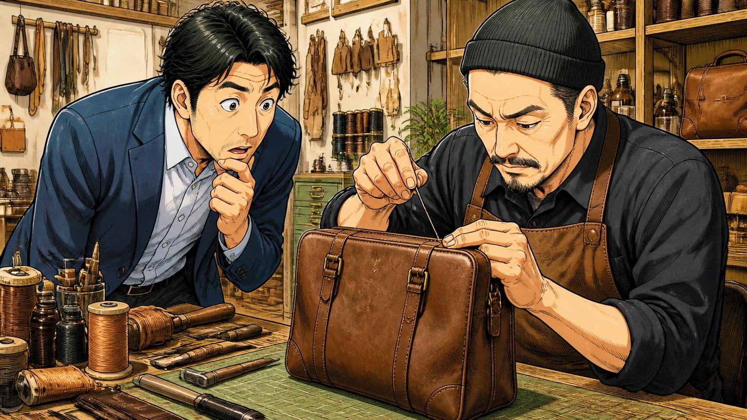 誰が、どこで仕立てたかを確認する 革工房の作業台で職人が革のビジネスバッグを縫う様子を見学する40代男性1人と職人1人