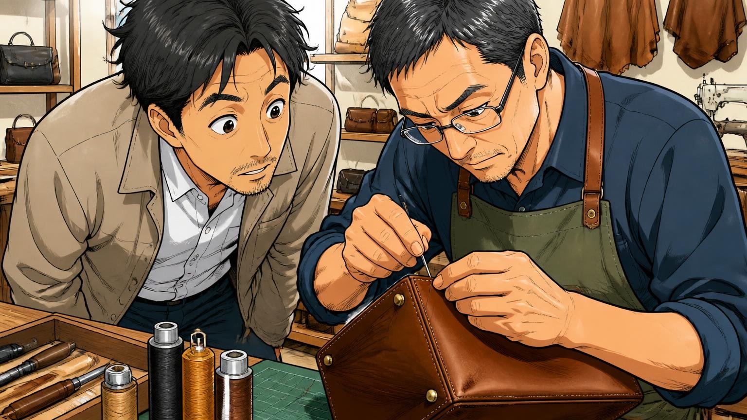 生産国と縫製｜誰が、どこで仕立てたか 革の縫製工房で職人がバッグの角を縫う様子を見学する場面 40代男性1人と職人1人が手元を見つめる