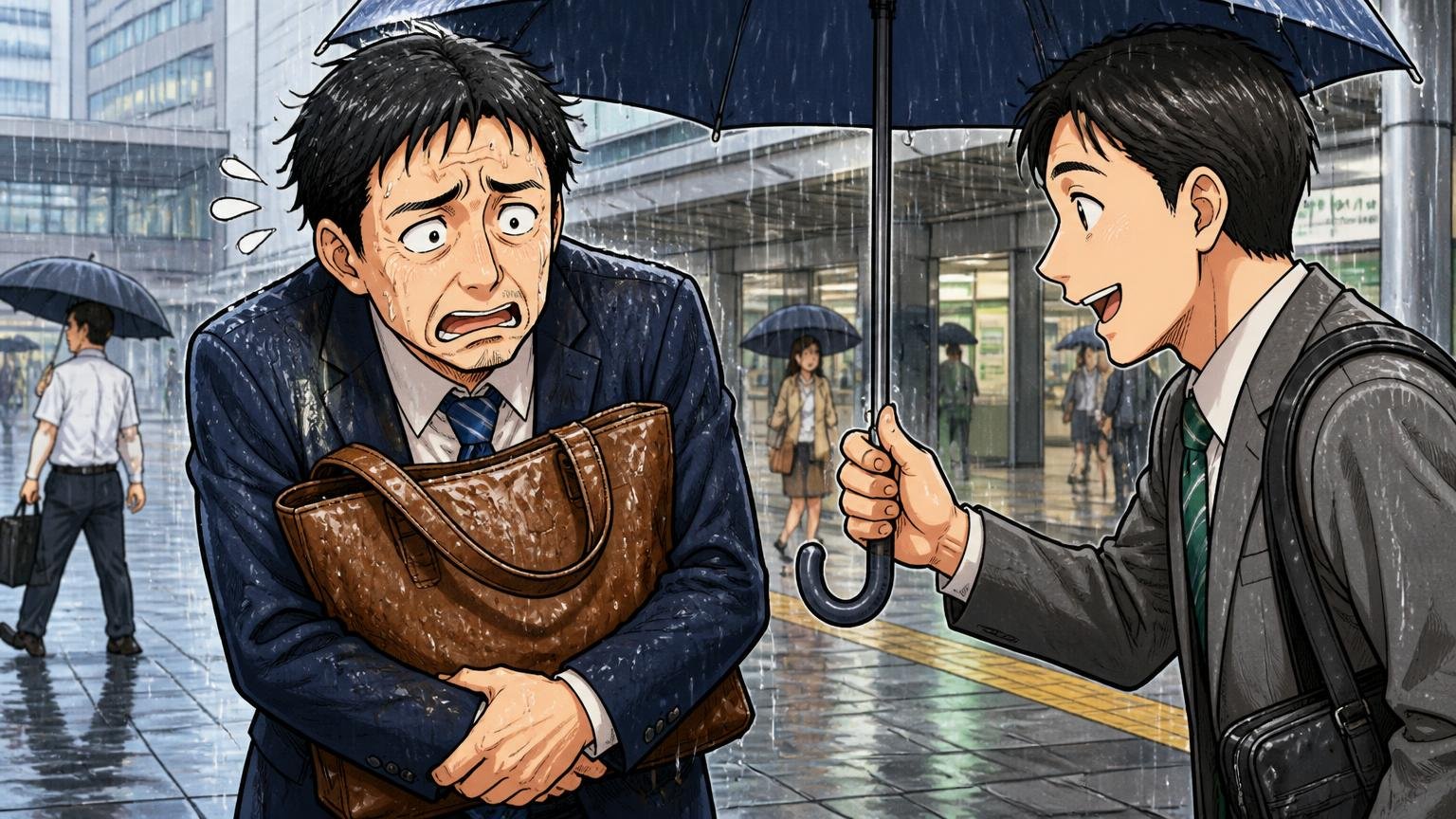 向いていない人は「予算を抑えたい・軽さ重視・雨の日も気にせず使いたい人」、雨の降る駅前で濡れた革トートを抱えて困った顔をする40代男性と同僚が傘を差し出す場面