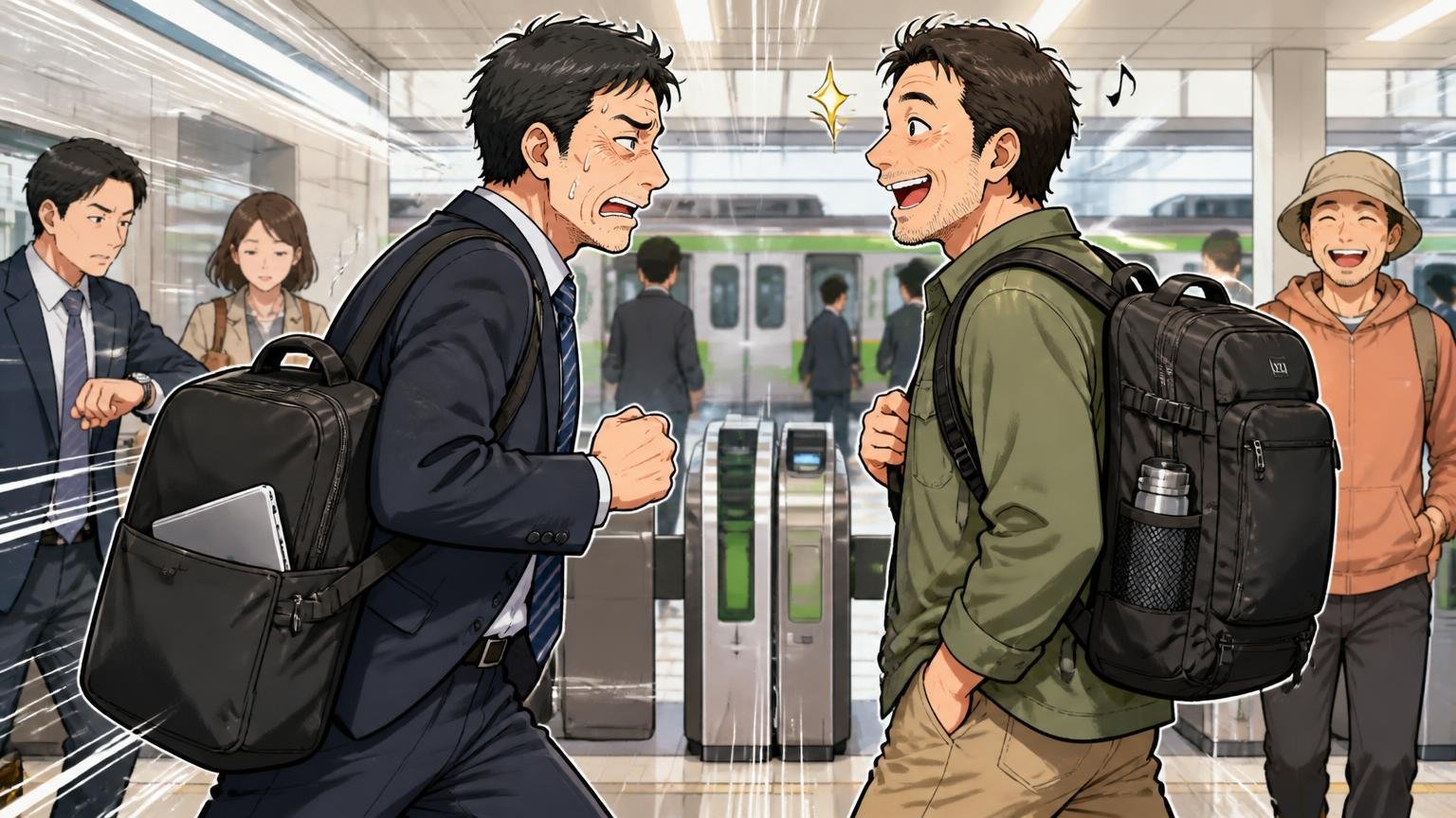 毎日PCを入れて通勤する人と休日に使う人では評価が逆になる、朝の駅で通勤の40代男性と休日の40代男性がすれ違う場面