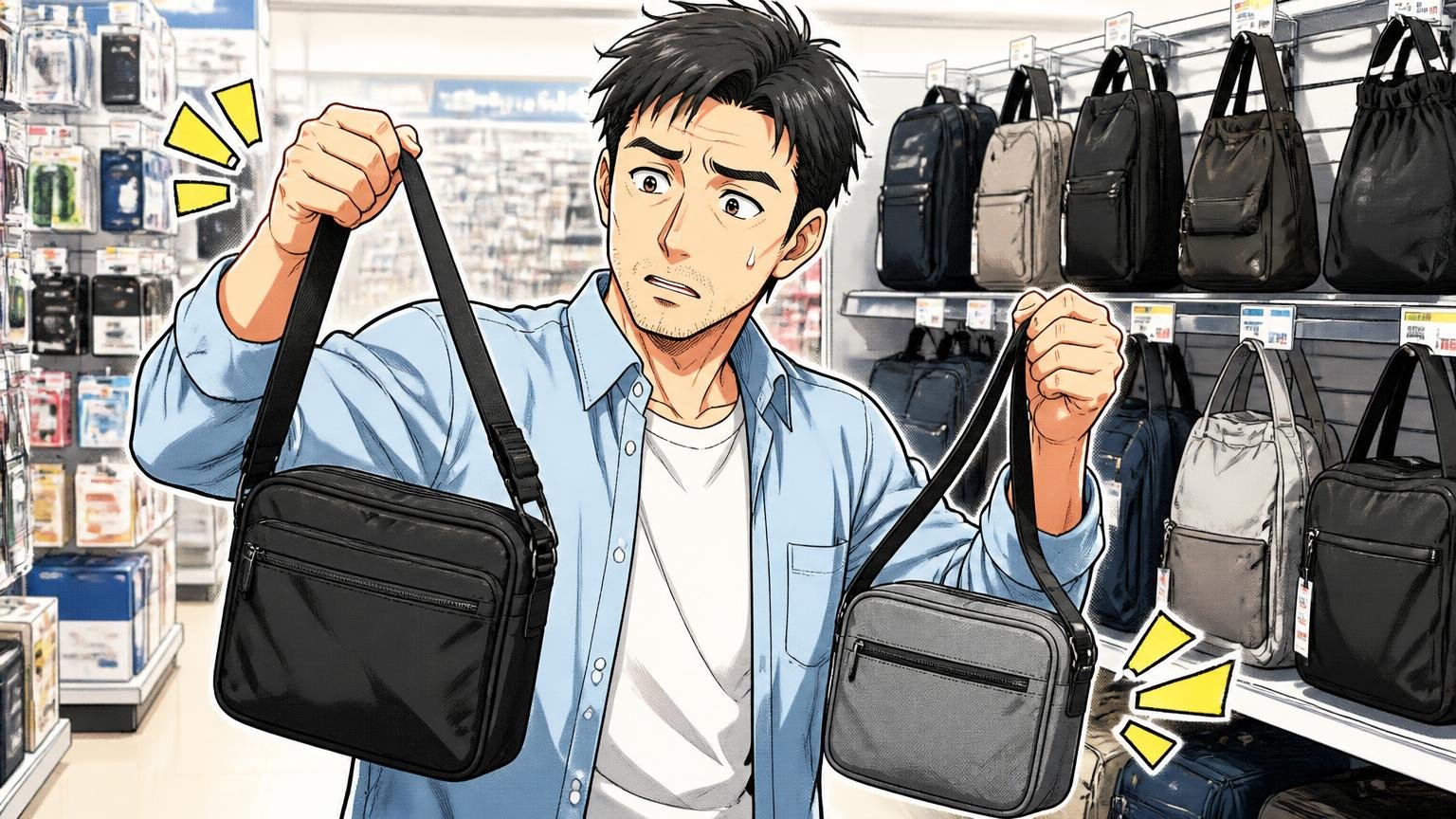 向いていない人は予算と軽さ優先 家電量販店のバッグ売り場で軽いバッグを持ち比べる40代男性1人