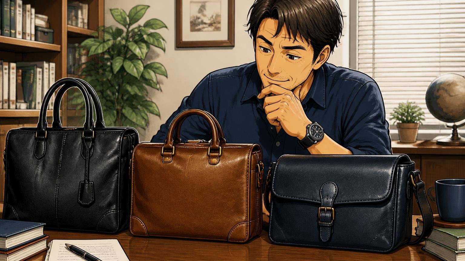 評判を調べ尽くした40代が、アニアリと並べて比べたい日本製の革バッグブランド3選 自宅の書斎で画面の革バッグを見比べてうなずく40代男性1人