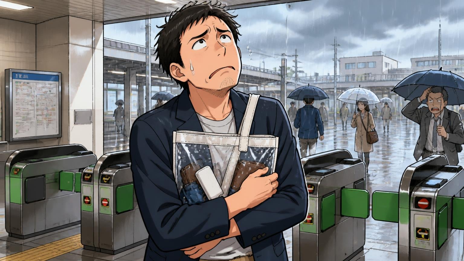 向いていない人:軽さ最優先・予算重視・口を閉めておきたい人 雨の日の駅の改札前で中身の見えるトートを抱える場面 30代男性1人が困り顔で空を見上げる