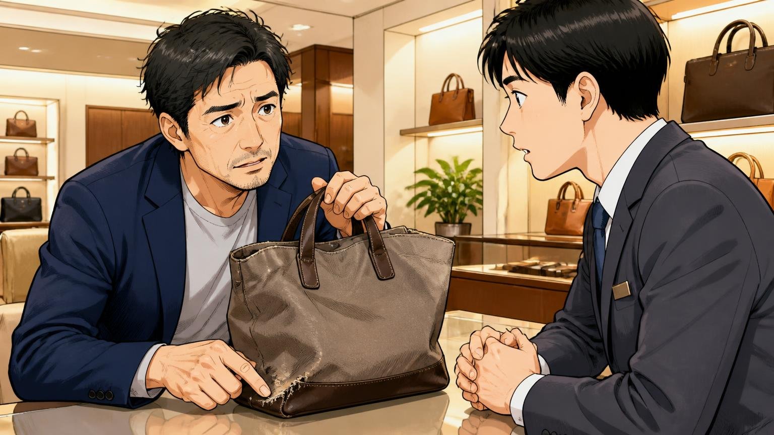 正規購入品なら修理を受け付けている　直営店のカウンターで傷んだトートバッグの修理を相談する場面　40代男性客と店員の2人が真剣に話し合う