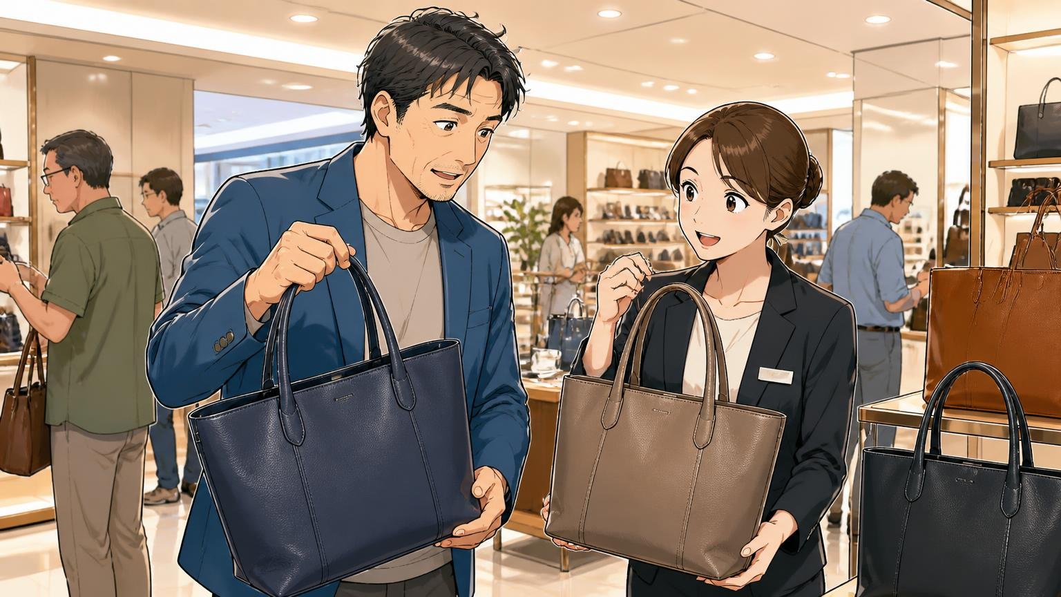写真だけで決めず、店舗で色と質感を確かめる、明るい百貨店の売り場で店員と革トートの色を見比べる40代男性