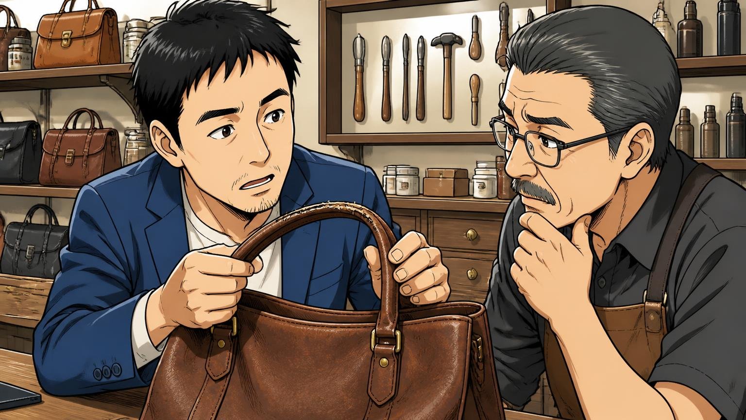 修理やメンテナンスの相談先があるかを確認する 革製品の修理カウンターで職人に持ち手を見せて相談する40代男性1人の場面