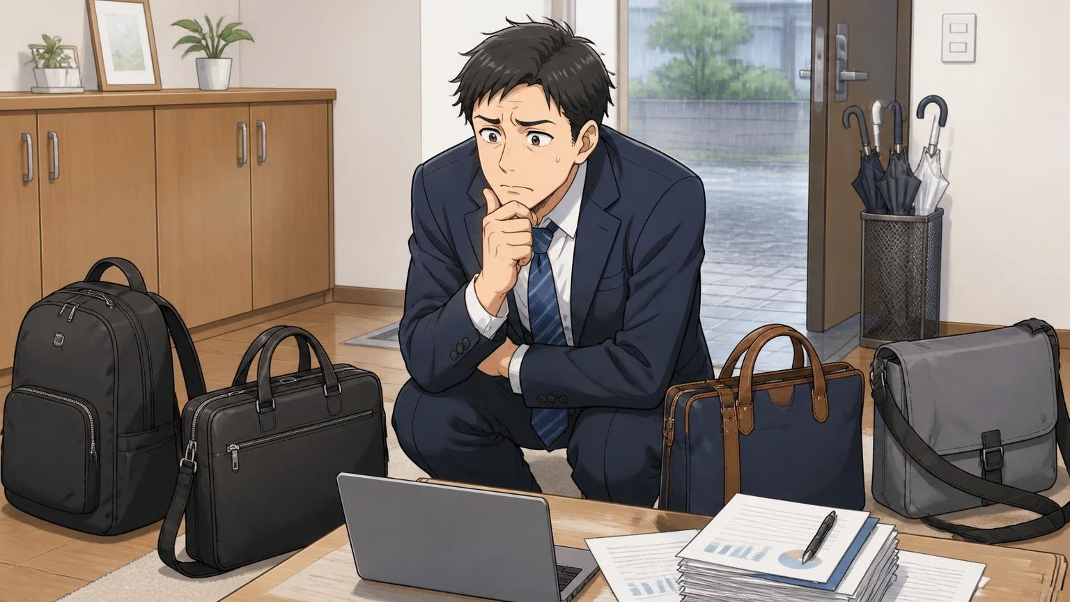 向いていない人/雨の朝の玄関でスーツ姿の40代男性がPCと書類を前に、どのバッグにするか悩む1人