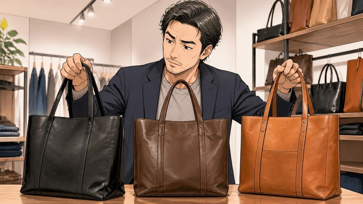 仕事用の革トートを探す40代が、最終候補に残したい日本製ブランド3選 ショールームで40代男性が3つの日本製革トートを手に取り比べる場面