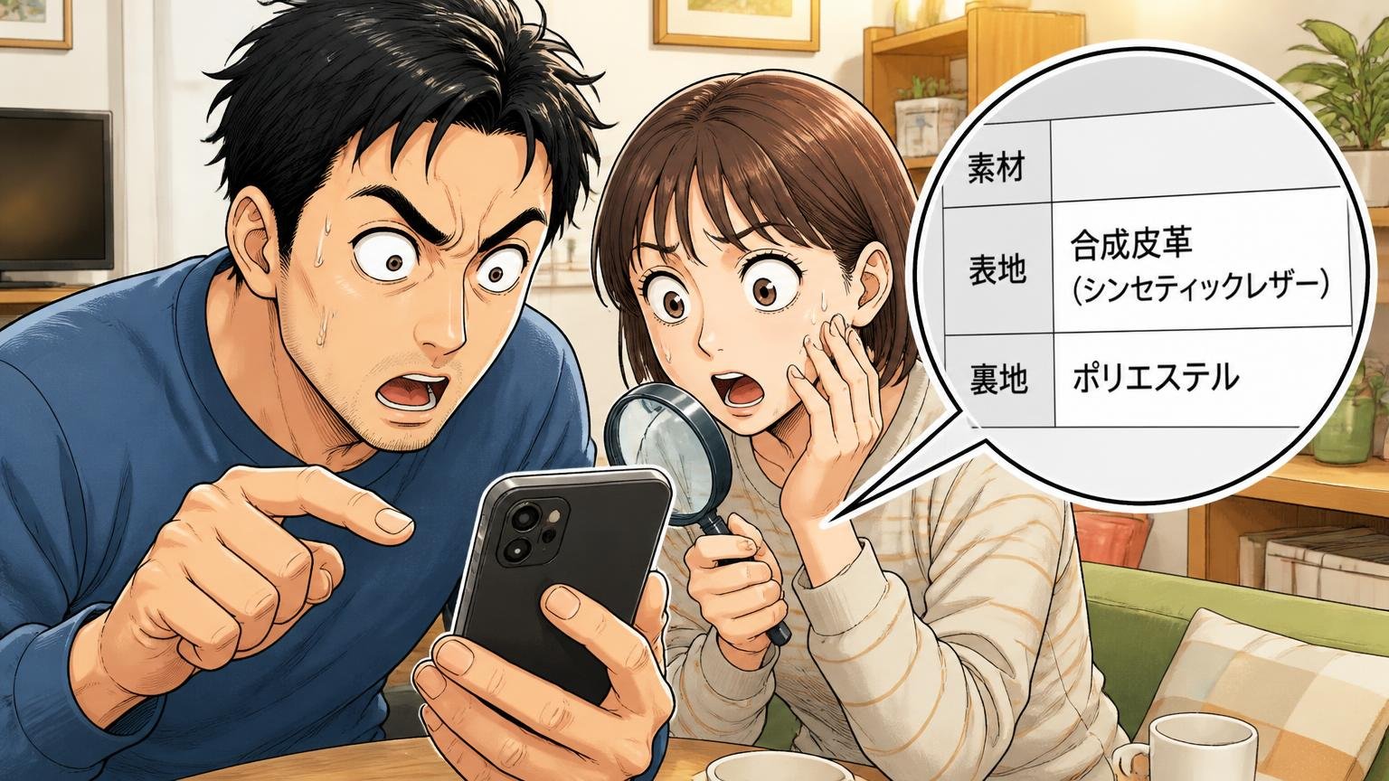 定番トートは「合成皮革」｜"シンセティックレザー"は本革ではない 自宅のリビングで夫婦がスマホの素材欄を拡大して見比べ驚く場面