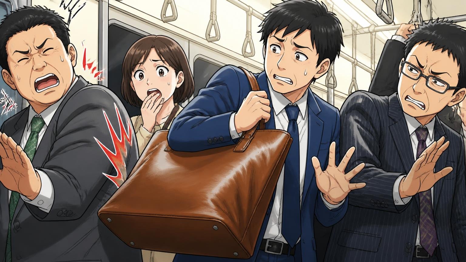 向いていない人：外回りの営業・満員電車通勤・10年単位で使いたい40代 朝の満員電車で大きな革トートが周りの乗客に当たり気まずそうな男性と乗客3人の場面
