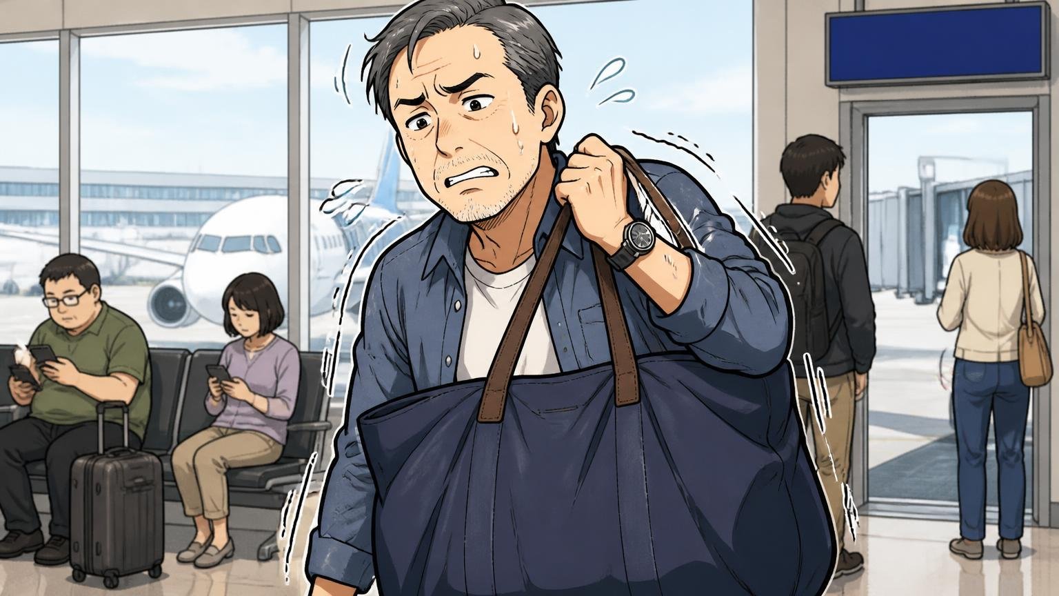 向いていない人：軽さ最優先・飛行機移動・修理して10年 空港の搭乗口で重いトートを持ち直す場面 50代男性1人が困った表情