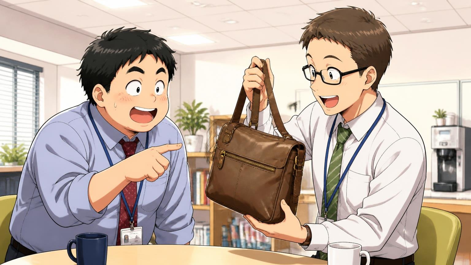 「ダサい」と直接書いた口コミは見当たらず、近いのは「カジュアル寄り」「野暮ったい」 オフィスの休憩スペースで同僚2人が革のショルダーを手に取り笑顔で話す場面