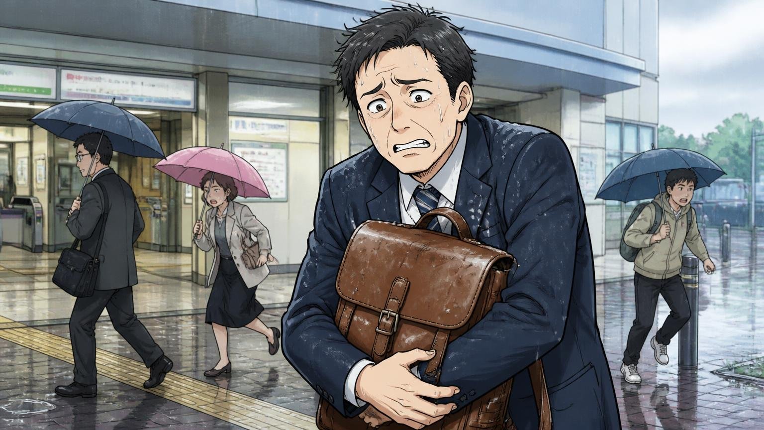向いていない人：軽さ・ポケット・価格・雨の日の気楽さを最優先したい人 雨の駅前で革リュックを抱えて困る40代男性1人の場面
