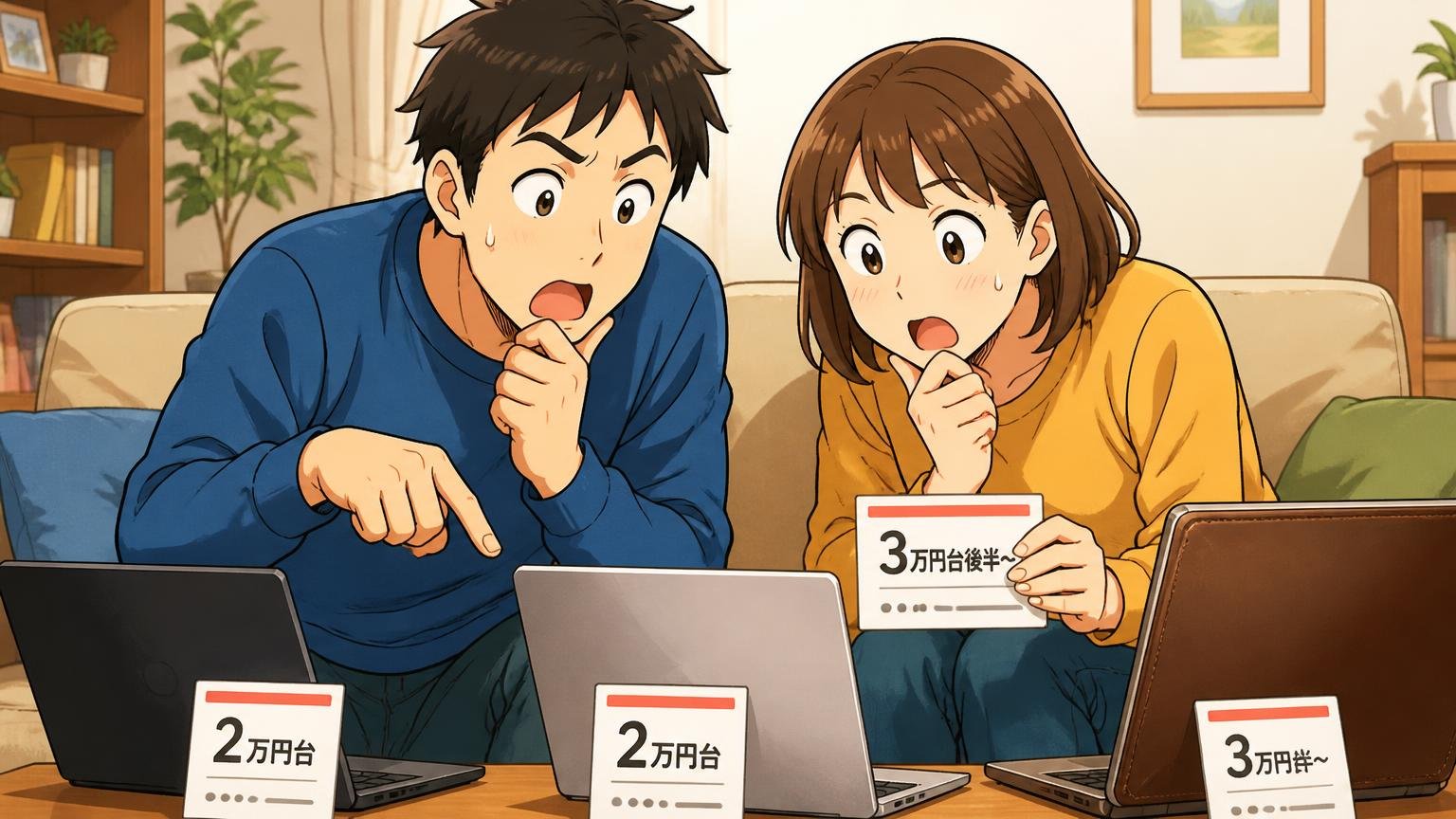 価格の中心は2万円台、本体が革のモデルは3万円台後半から 自宅のソファでノートパソコンの値札を見比べる夫婦2人が相談する場面