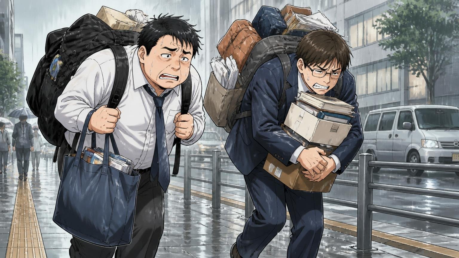 向いていない人：とにかく軽さ最優先で、荷物が毎日とても多い人、雨の通勤路で大荷物を抱えて歩く場面、男性2人が疲れた表情を浮かべる