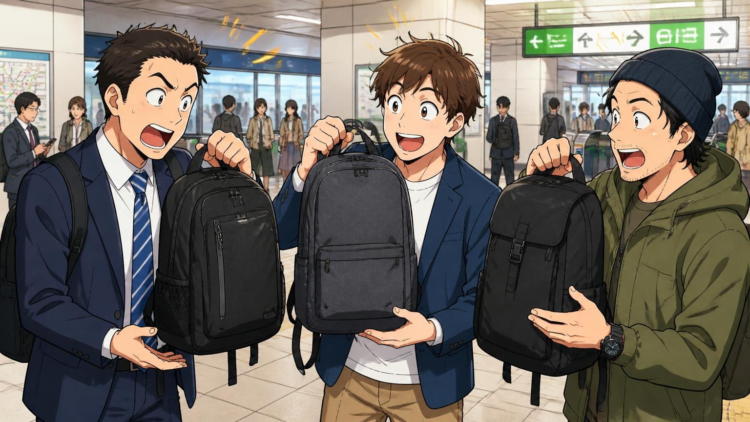 自分と同じ「用途」の人の声を探す、朝の駅のコンコースで通勤・出張・休日の装いの男性3人が自分のリュックを掲げて見比べる場面