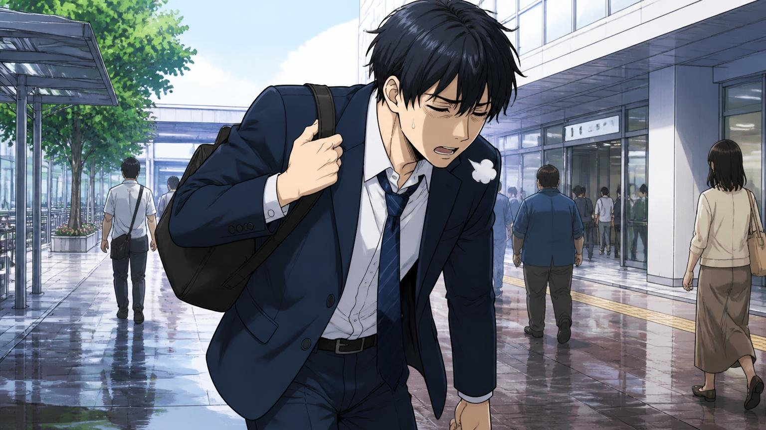 マグナスが向いていない人 雨上がりの駅前を早足で歩く男性が重いバッグを肩にかけ直し、疲れた表情でため息をつく場面
