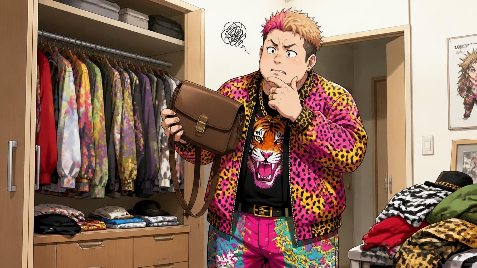 ソメスサドルが向いていない人 自宅のクローゼットの前で派手な服の男性が落ち着いた革バッグを手に考え込む場面