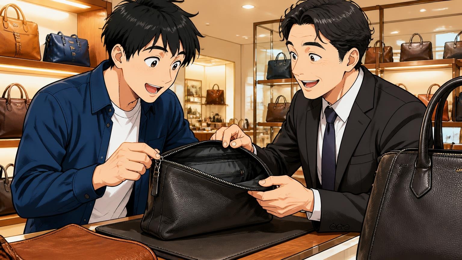 ファスナーの開け閉めと革の柔らかさは実物で試す。直営店で男性が店員とバッグのファスナーを開けて試す場面