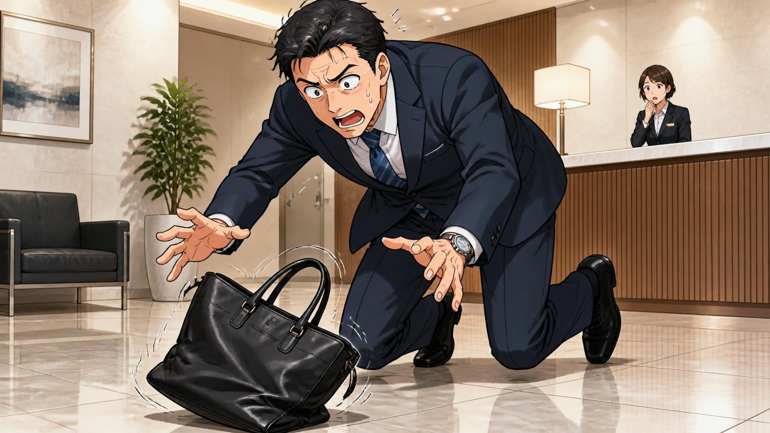 商談で「かっちり自立するバッグ」が欲しい人 商談先の受付ロビーで床に置いた柔らかい革のバッグが倒れかけて慌てる40代男性1人の場面