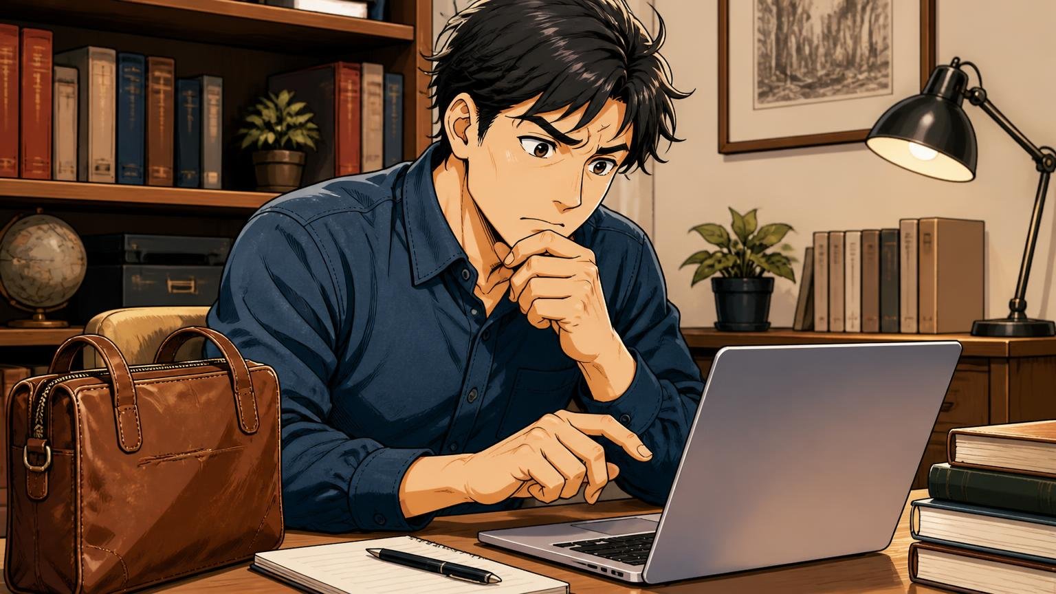 アニアリは修理規定が公式サイトに見当たらないので購入前に問い合わせを、書斎でフォームに入力し考え込む男性1人