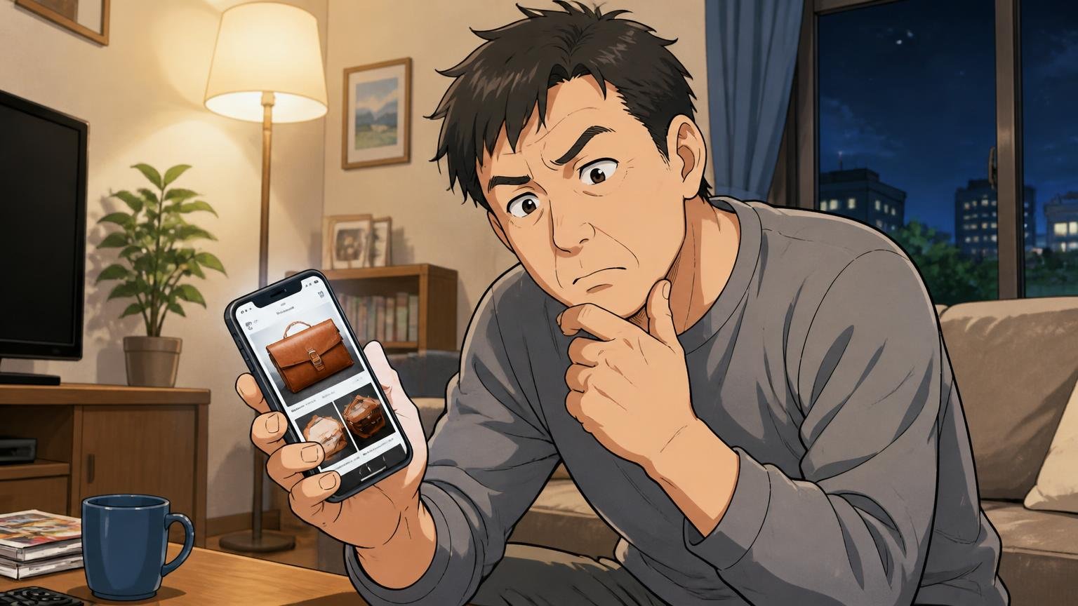 「本革」の2文字だけで決めない、夜のリビングでネット通販の商品ページを見ながら首をかしげる40代男性の場面