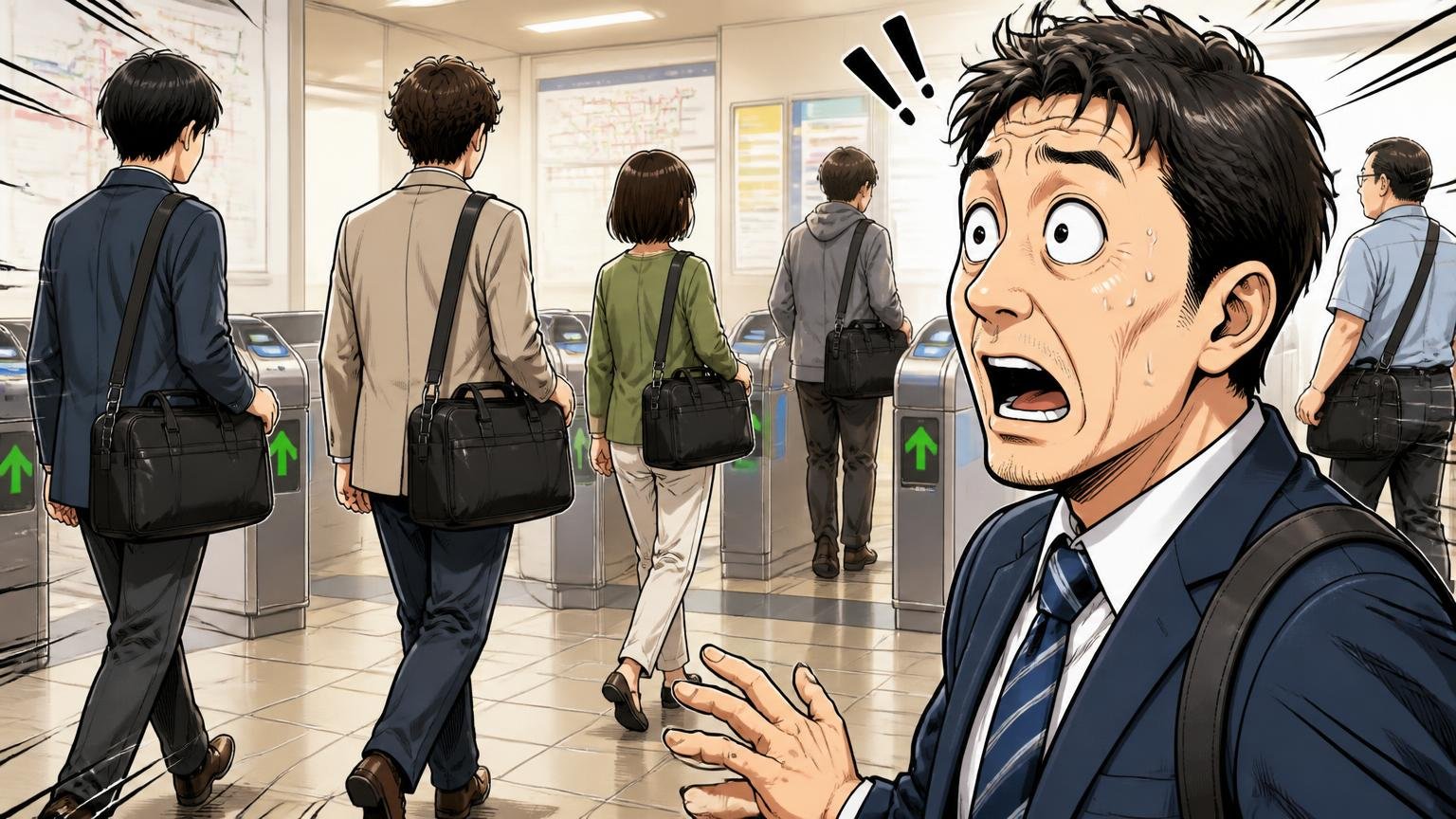 ポーターが向いていない人 駅の改札前で同じバッグを持つ人が何人も通り過ぎて目を丸くする40代男性1人