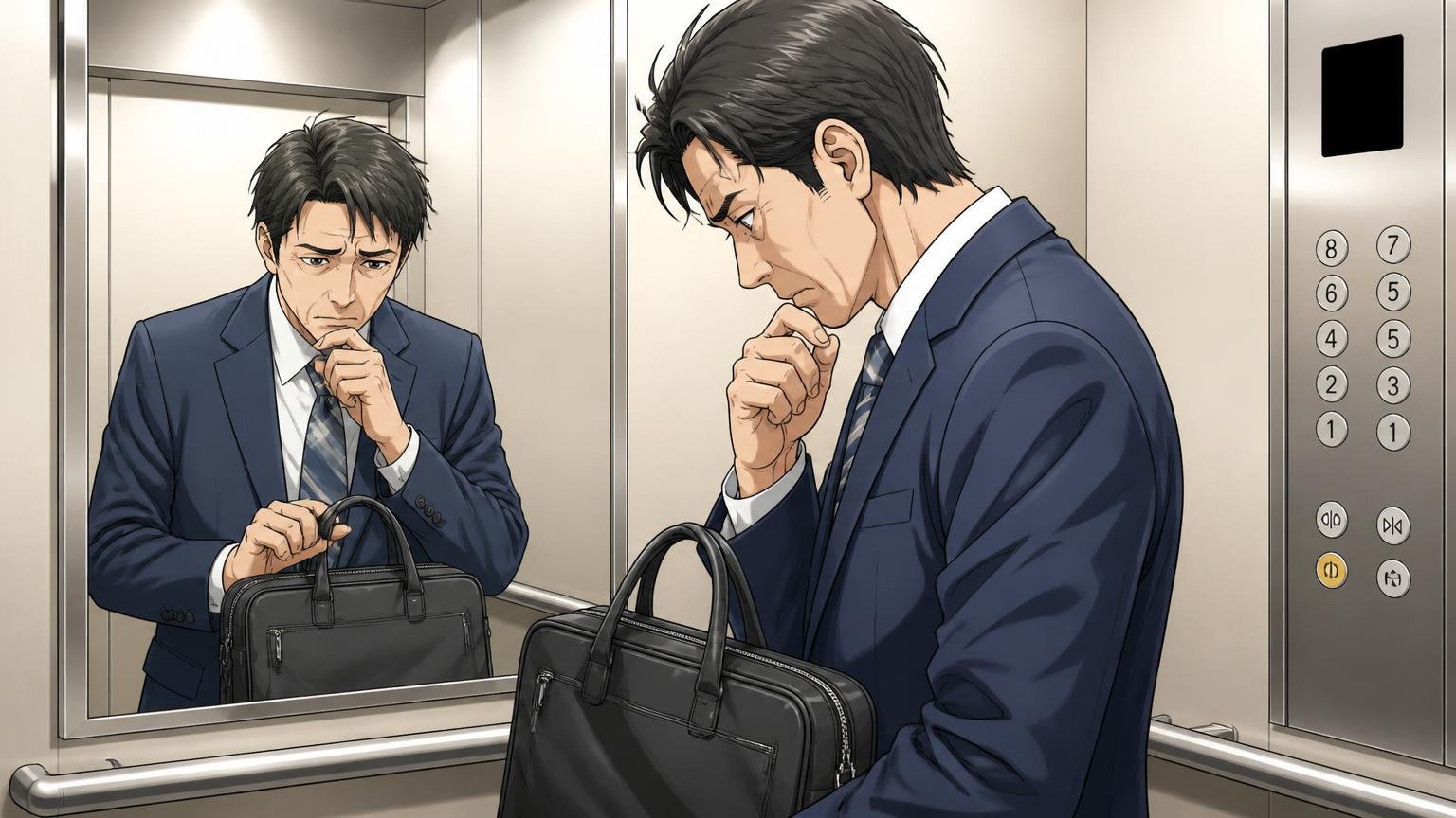 向いていない人の5つの特徴 大事な商談の前にエレベーターの鏡で自分のバッグを見つめ考え込む40代男性1人