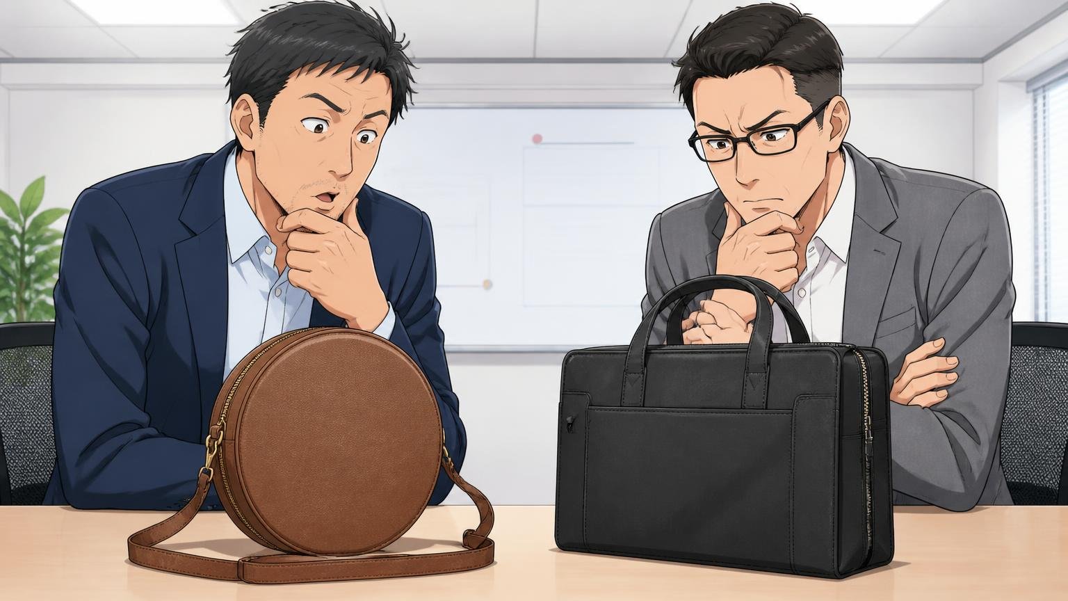 デザインの印象：丸くやわらかいか、直線的で端正か オフィスの会議室で丸いバッグと角ばったバッグを机に並べ40代男性2人が見比べる場面