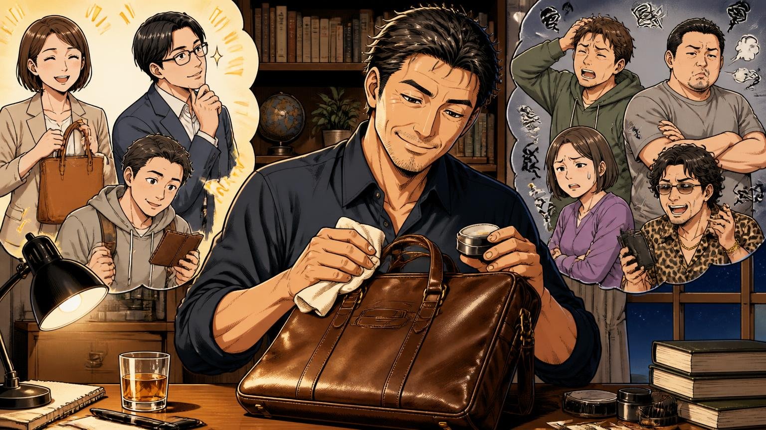 土屋鞄が向いている人・向いていない人。夜の書斎で革のブリーフにクリームを塗り、満足げにほほえむ40代男性1人
