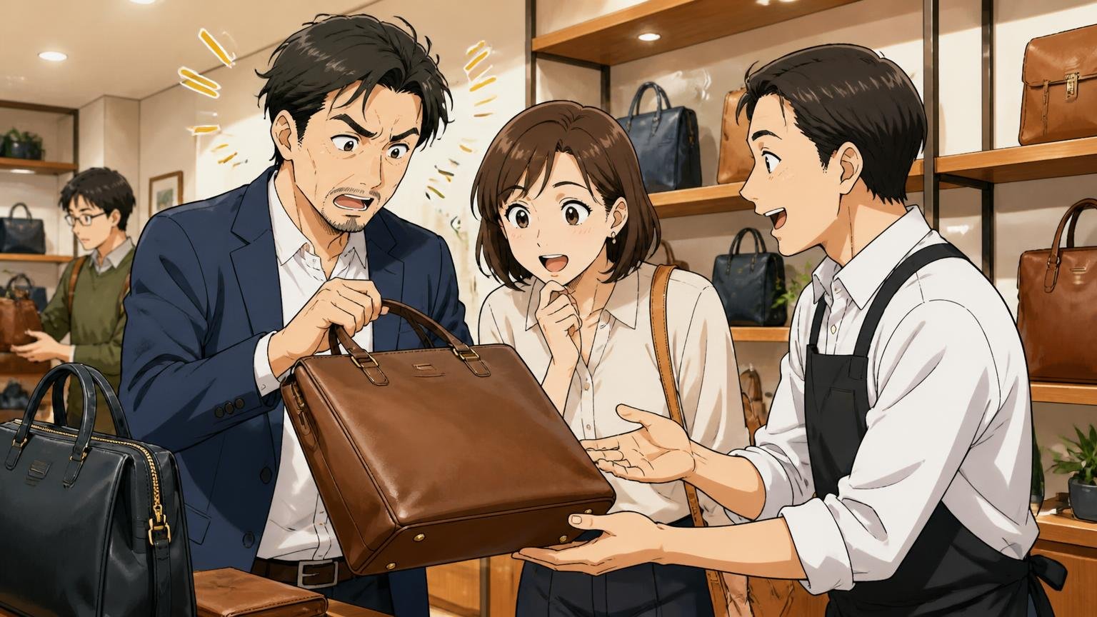 公式サイトとショールームで、実物と条件を確かめてから選ぶ ショールームで40代男性と30代の妻が店員と一緒に革バッグの重さを確かめる場面