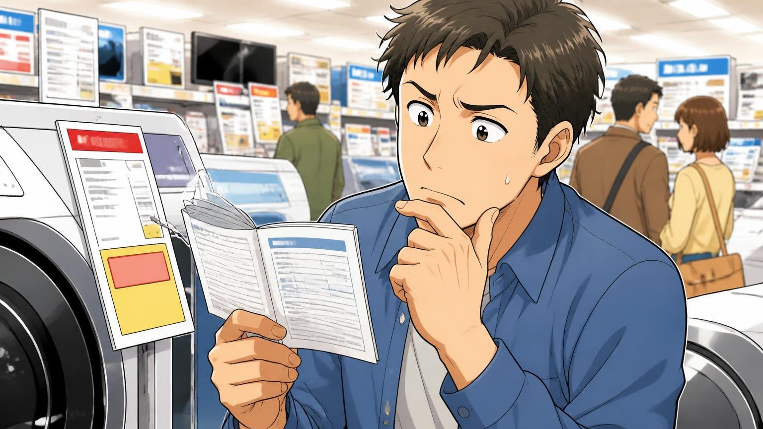 「どこで買った人か」と保証の条件を見る。大型店の売り場で値札と保証書の説明を見比べて首をかしげる男性1人