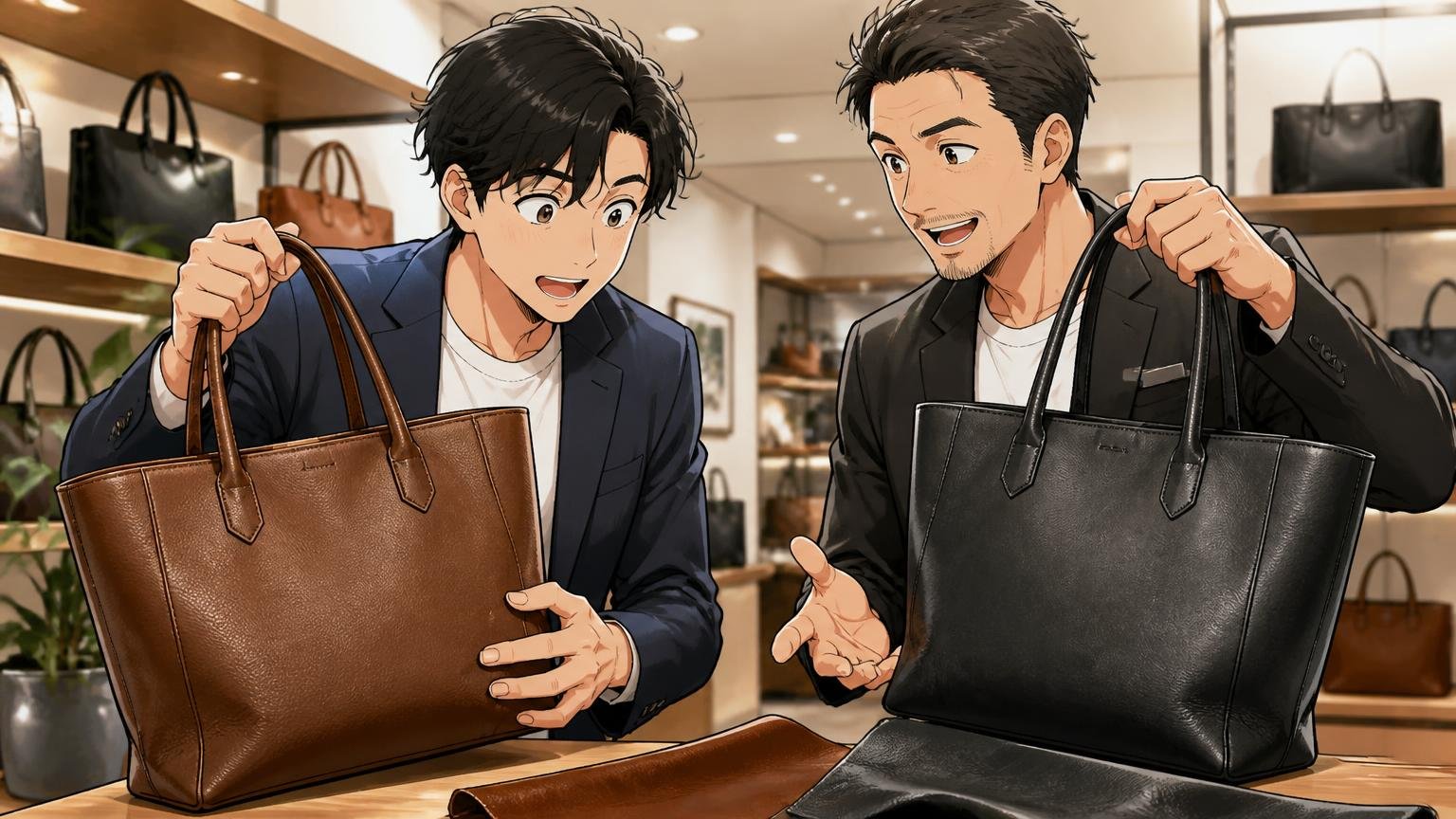 価格帯の近いブランドも1〜2本見比べる ショールームで店員と一緒に2つの革トートの質感を見比べる男性1人と店員1人の場面