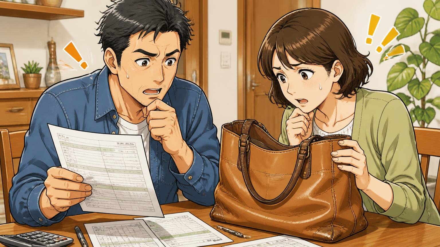修理は作った職人が確認|期間と費用の目安、自宅のダイニングで修理見積もりの書類と革のバッグを見比べる40代男性1人と妻1人