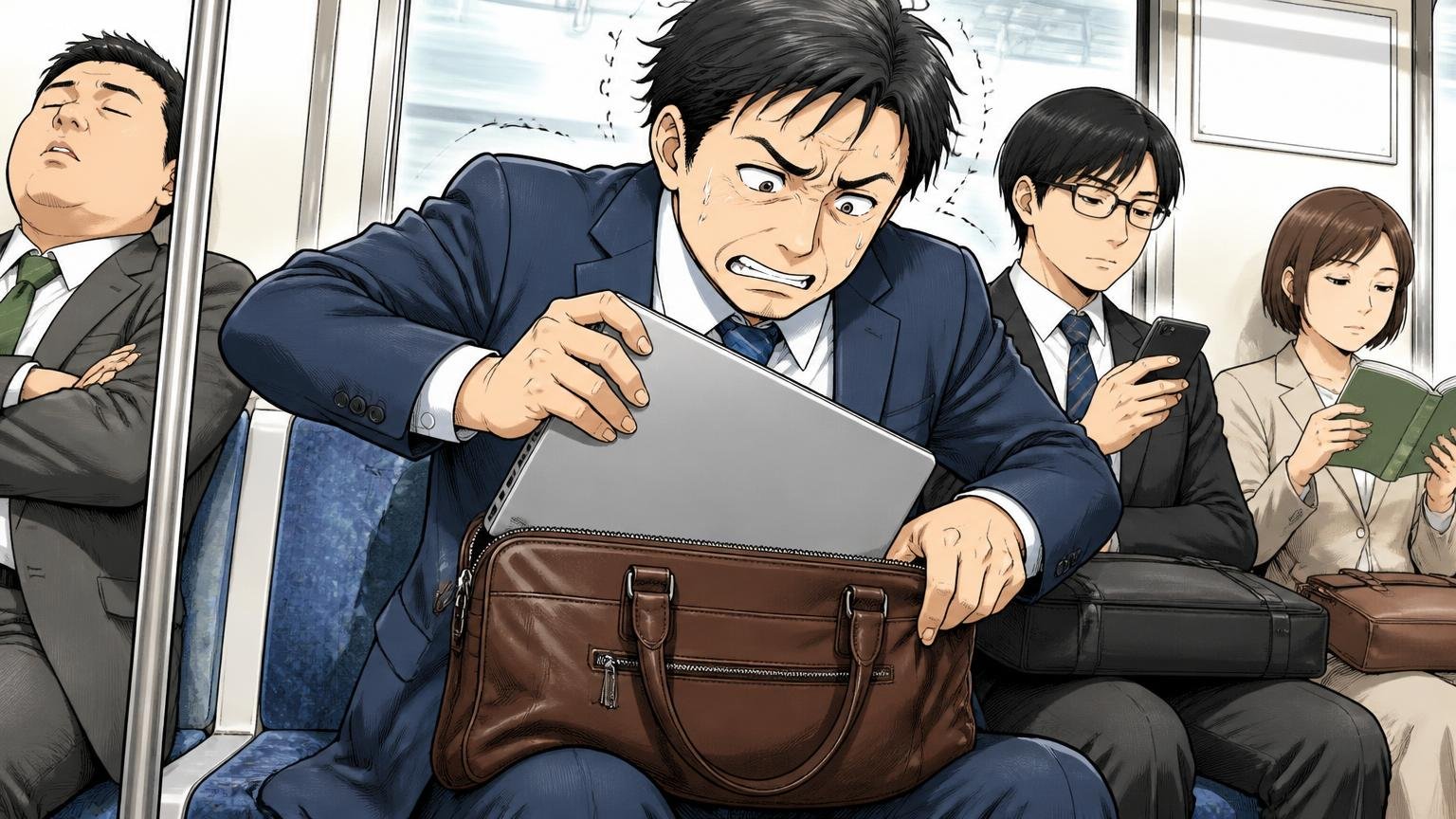 通勤・出張の用途からサイズと重さを決める　通勤電車の座席で40代男性が膝の上の革のバッグにノートパソコンを入れようとして苦戦する場面