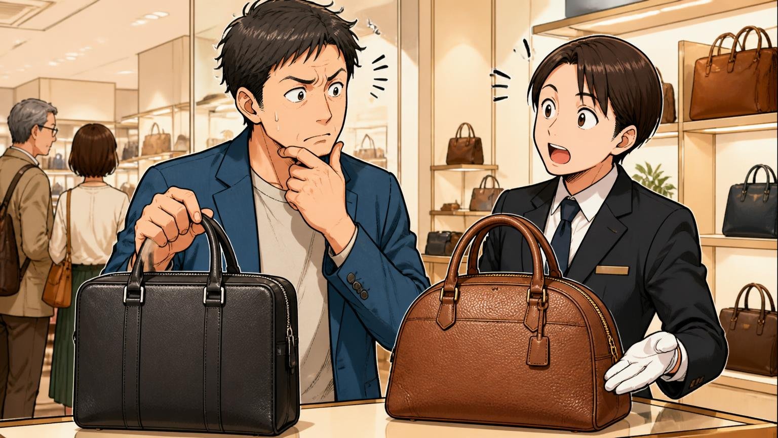 「デザインが堅い」「写真と実物が違う」は相性の問題。百貨店の売場で直線的な革バッグと丸みのある革バッグを見比べて首をかしげる40代男性1人と店員1人