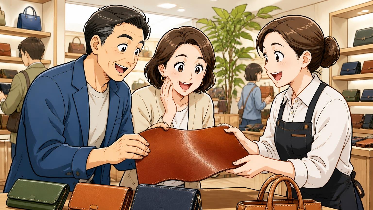 国内14店舗で実物を確かめ無料でお手入れもできる 明るい直営店で店員と革の質感を確かめる40代夫婦2人と店員1人が笑顔で話す場面