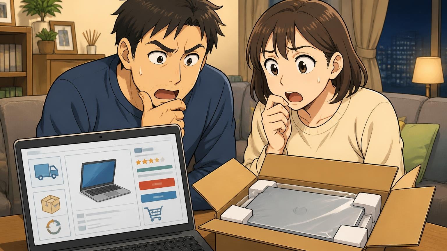 価格帯・送料・返品の条件 夜のリビングでノートPCの通販画面と届いた箱を見比べる夫婦2人が相談する場面