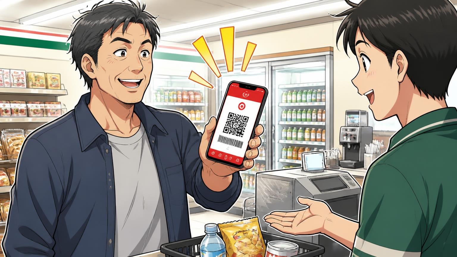 Yahoo!が向いている人・向いていない人 コンビニのレジ前でスマホのPayPay画面を見せて支払う40代男性1人と店員1人 慣れた手つき