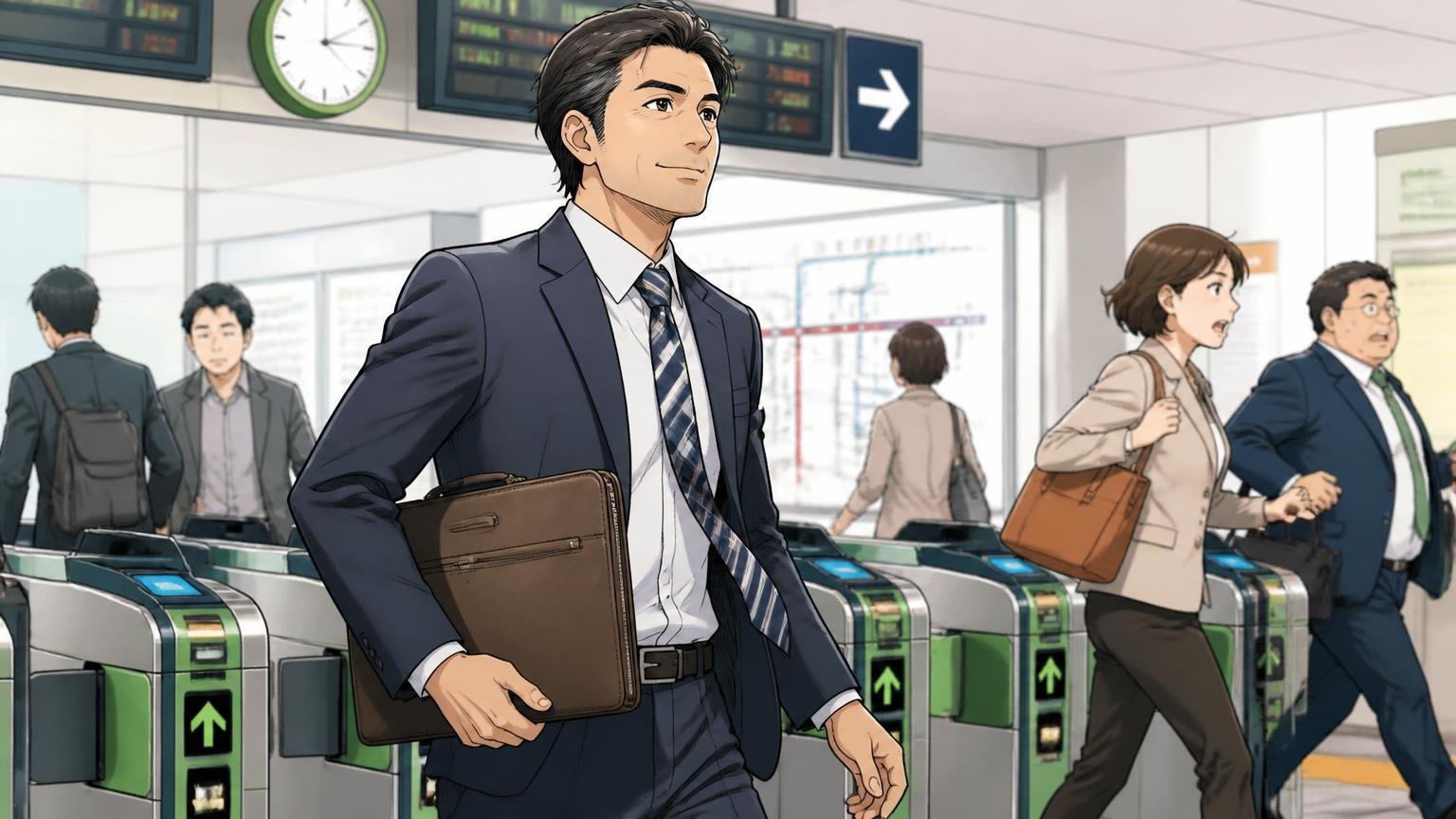 グレンⅡは硬めで薄くて軽い通勤向き。朝の駅の改札前で薄い革のブリーフケースを手に颯爽と歩く40代男性の場面