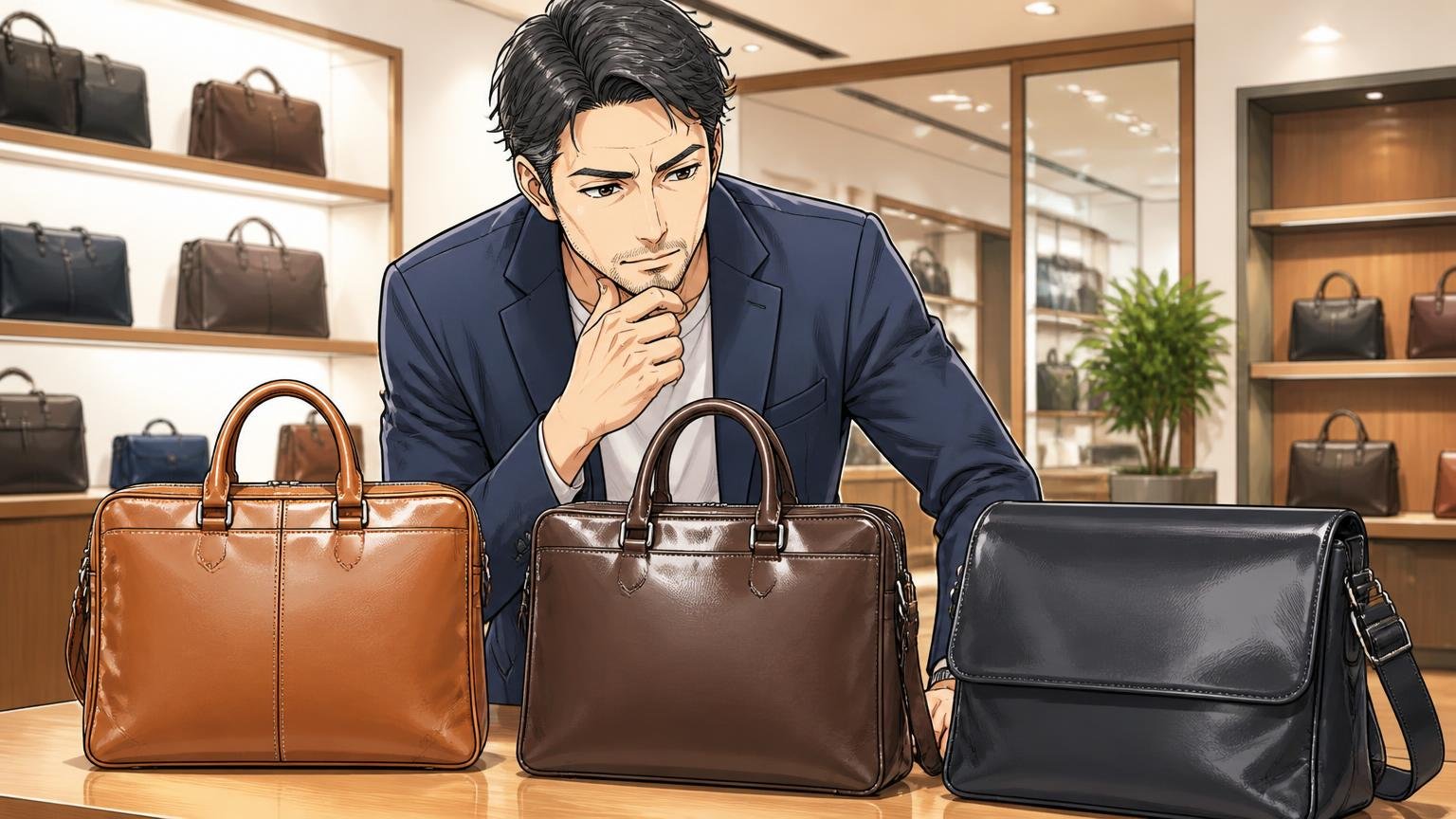 評判を調べ尽くした40代が最終候補に残す日本製メンズ革バッグブランド3選 ショールームで40代男性が3つの革バッグを並べて見比べる場面