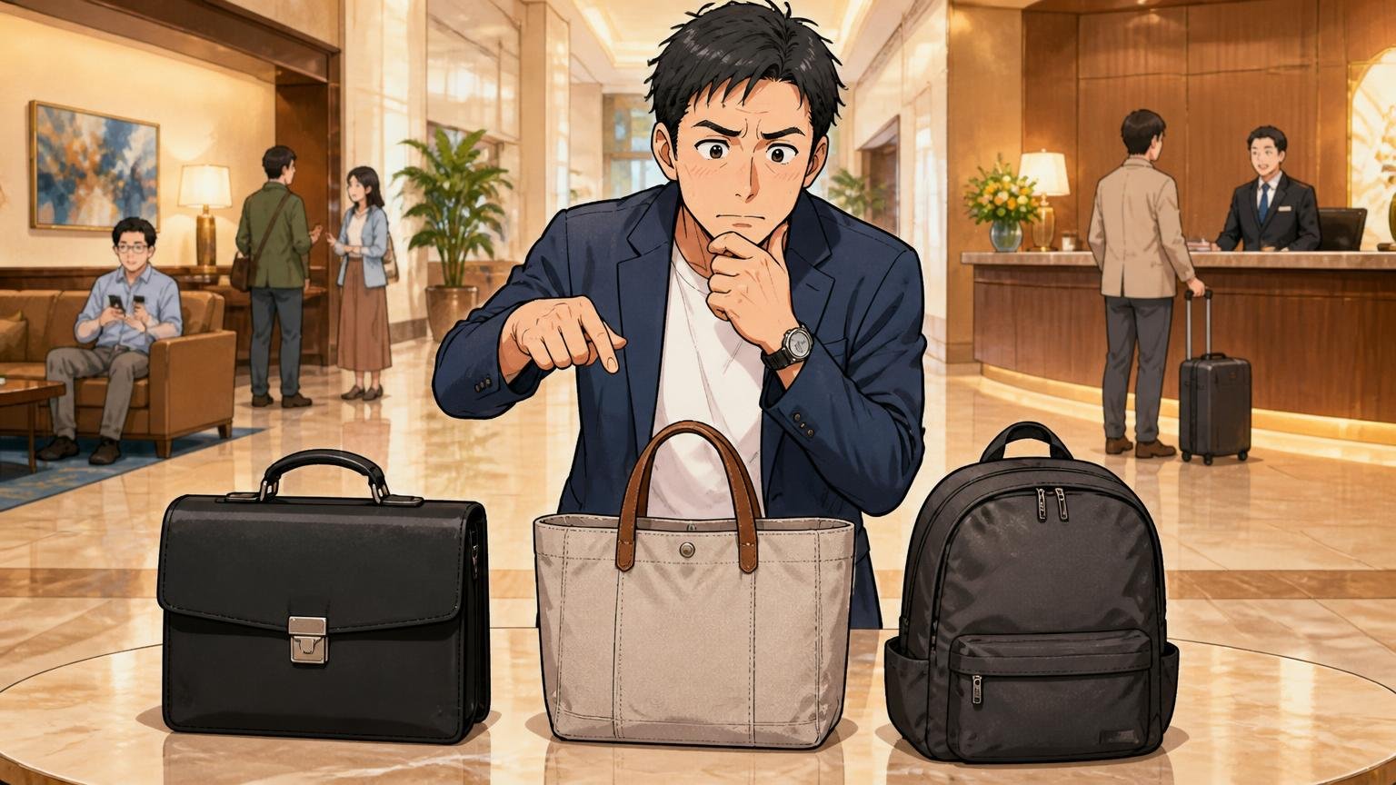 「どの種類のバッグか」「どんな用途か」で読む。ホテルのロビーでブリーフとトートとリュックを並べて指差す40代男性1人が考え込む場面